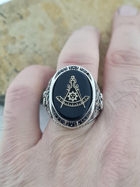 Master Mason Blue Lodge Ring - Sterling Silver Black Onyx - Bricks Masons