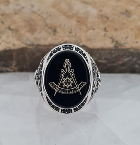 Master Mason Blue Lodge Ring - Sterling Silver Black Onyx - Bricks Masons