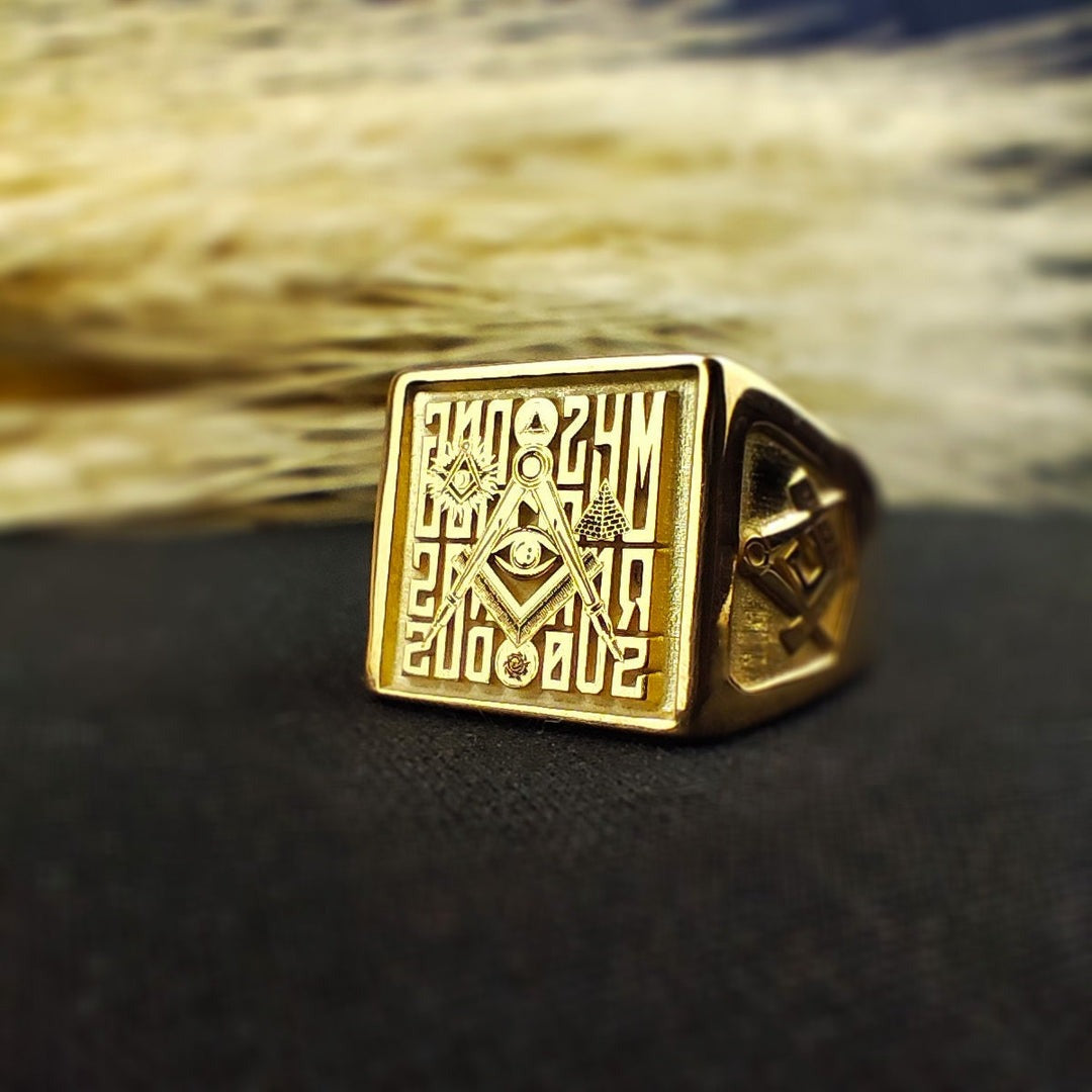 Master Mason Blue Lodge Ring - Square Shape With Eye of Providence Gold & Silver - Bricks Masons