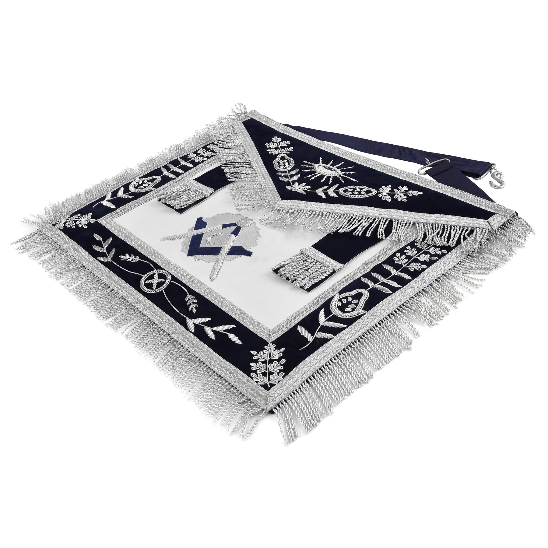 Junior Deacon Blue Lodge Officer Apron - Dark Blue With Silver Hand Embroidery Bullion - Bricks Masons
