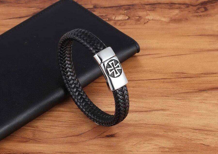Knights Templar Bracelet - Cross Genuine Leather - Bricks Masons