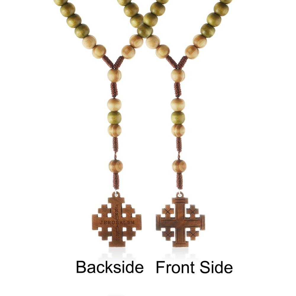 Knights Templar Necklace - Wooden Rosary Beaded Jerusalem Cross - Bricks Masons