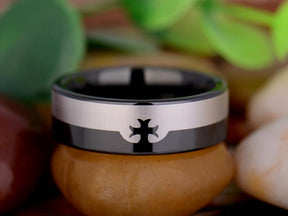 Knights Templar Ring - Black Silver Tungsten Personalizable - Bricks Masons