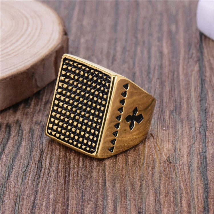 Knights Templar Commandery Ring - Gold Vintage Stainless Steel Rectangular Cross Ring - Bricks Masons