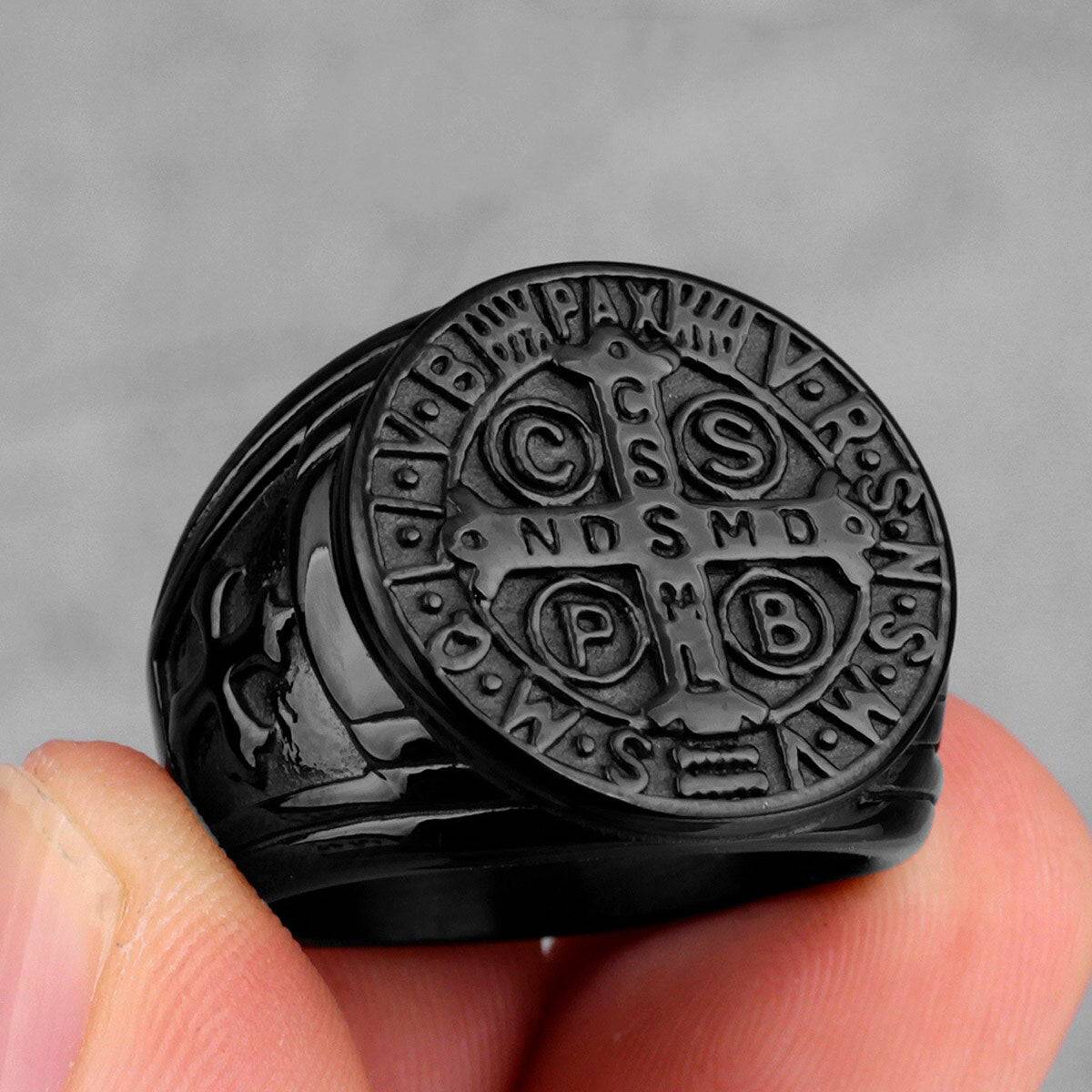 Knights Templar Ring - Saint Benedict Medal cssml ndsmd Black Silver - Bricks Masons