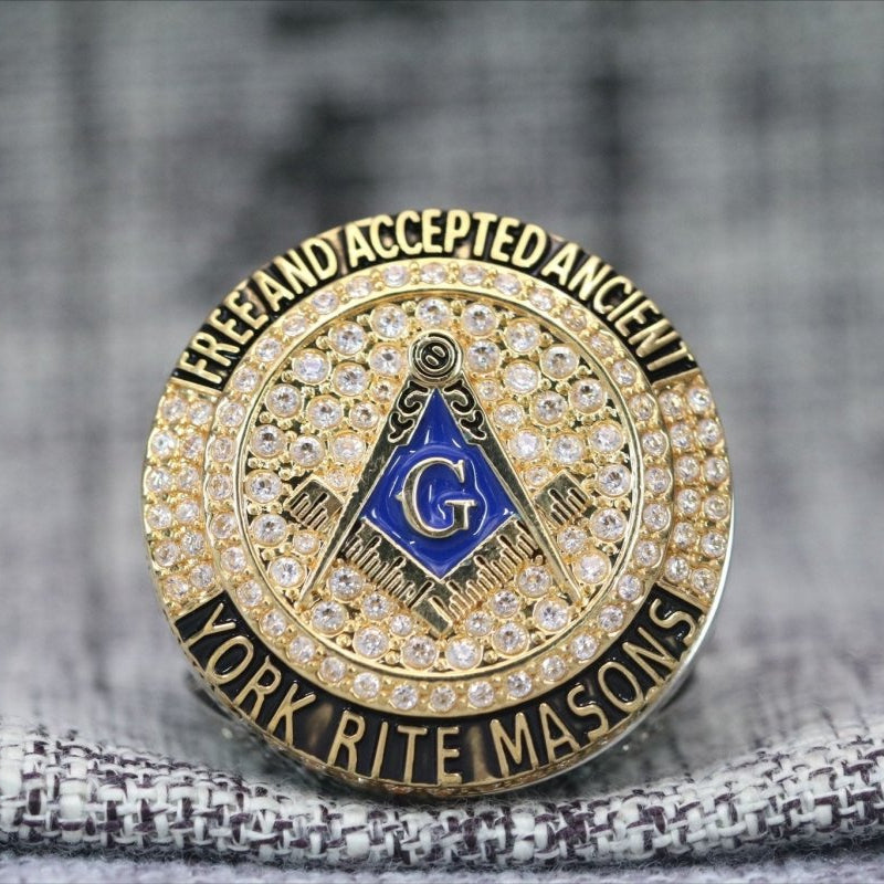 Master Mason Blue Lodge Ring - White Gold Plated & 18k Yellow Gold Face - Bricks Masons