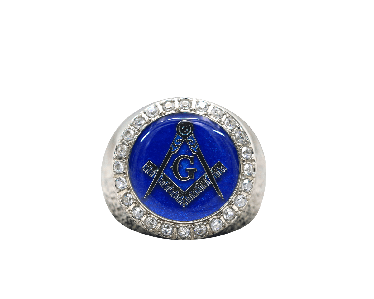 Master Mason Blue Lodge Ring - Sterling Silver Blue Face S&C G - Bricks Masons