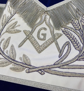 Master Mason Blue Lodge Apron - Blue Velvet with Silver Fringe Hand Embroidered - Bricks Masons