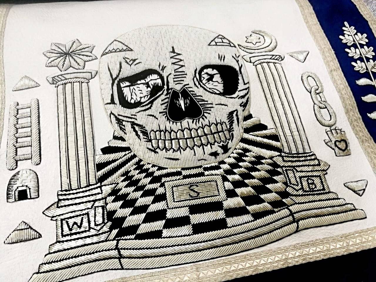 Master Mason Blue Lodge Apron - Skull Pillars Masters Carpet Silver Embroidery - Bricks Masons