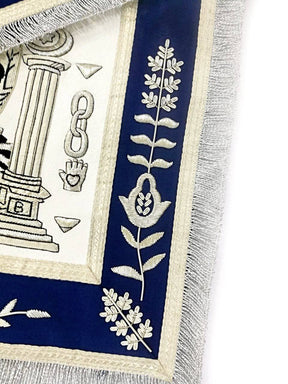 Master Mason Blue Lodge Apron - Skull Pillars Masters Carpet Silver Embroidery - Bricks Masons