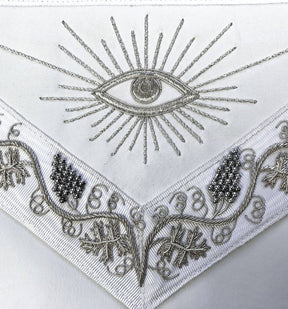 Master Mason Blue Lodge Apron - White Moire Ribbon with Silver Hand Embroidery - Bricks Masons