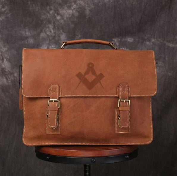 Master Mason Blue Lodge Briefcase - Handmade Leather - Bricks Masons