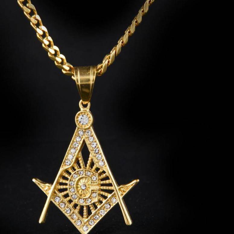 Master Mason Blue Lodge Necklace - All Rhinestone Square & Compass - Bricks Masons