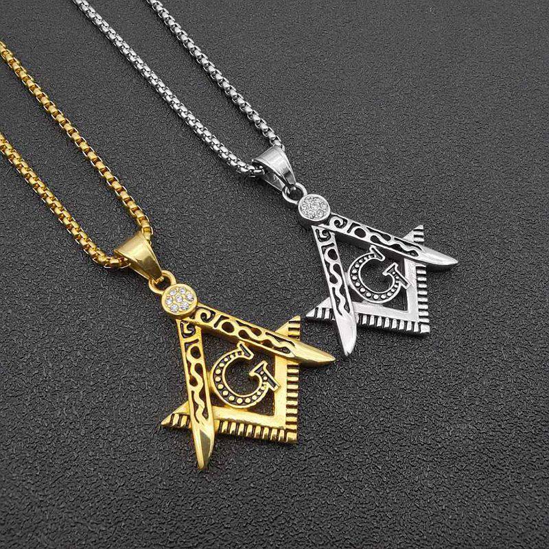 Master Mason Blue Lodge Necklace - Crystal Square & Compass G [Gold & Silver] - Bricks Masons