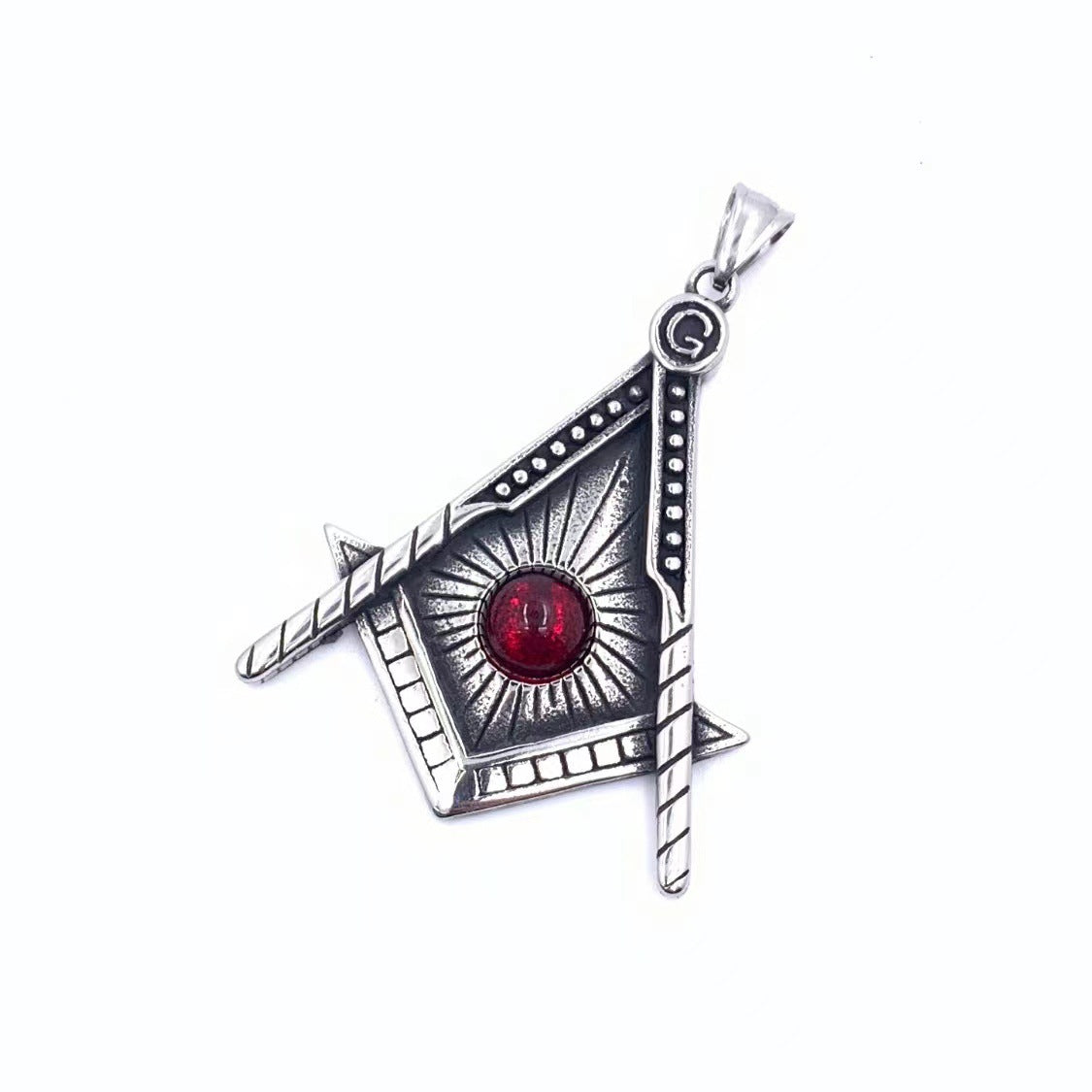 Master Mason Blue Lodge Pendant - Silver Titanium Steel Red Stone - Bricks Masons