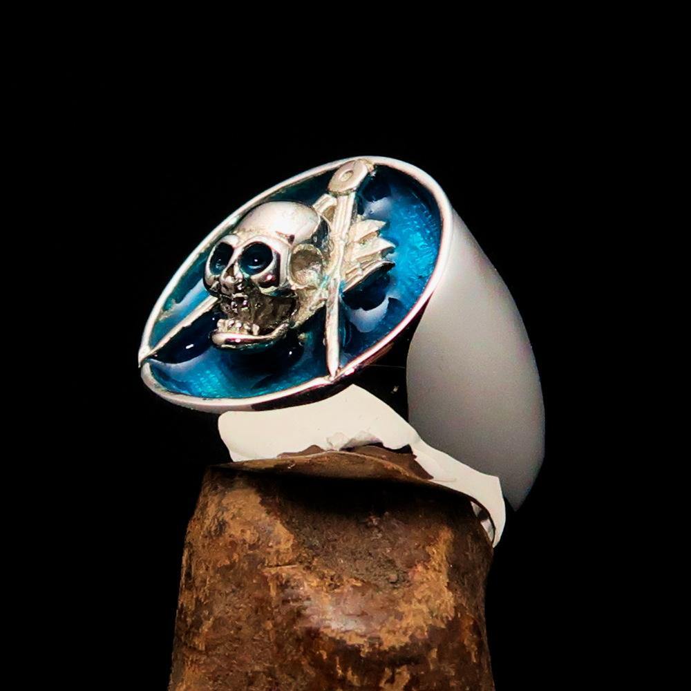 Master Mason Blue Lodge Ring - Blue Sterling Silver With Skull Square and Compass - Bricks Masons