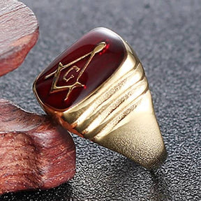 Master Mason Blue Lodge Ring - Casted Square & Compass G Red Stainless Steel - Bricks Masons