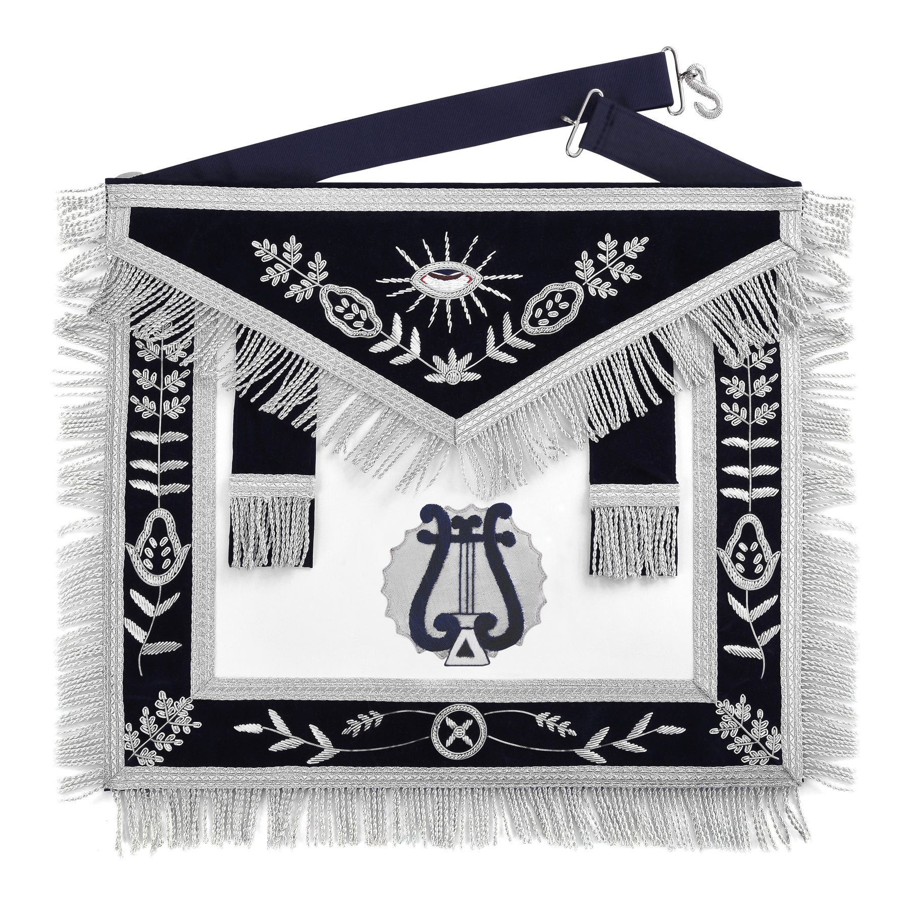 Organist Blue Lodge Officer Apron - Dark Blue With Silver Hand Embroidery Bullion - Bricks Masons
