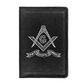 Master Mason Blue Lodge Wallet - Faith Hope Charity Square and Compass With Passport Cover