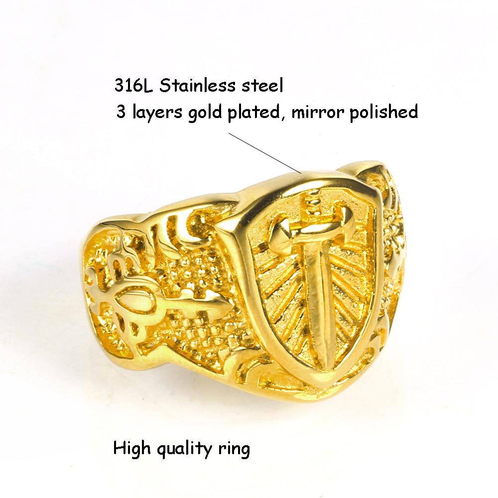 Knights Templar Commandery Ring - Sword Cross Shield Gold