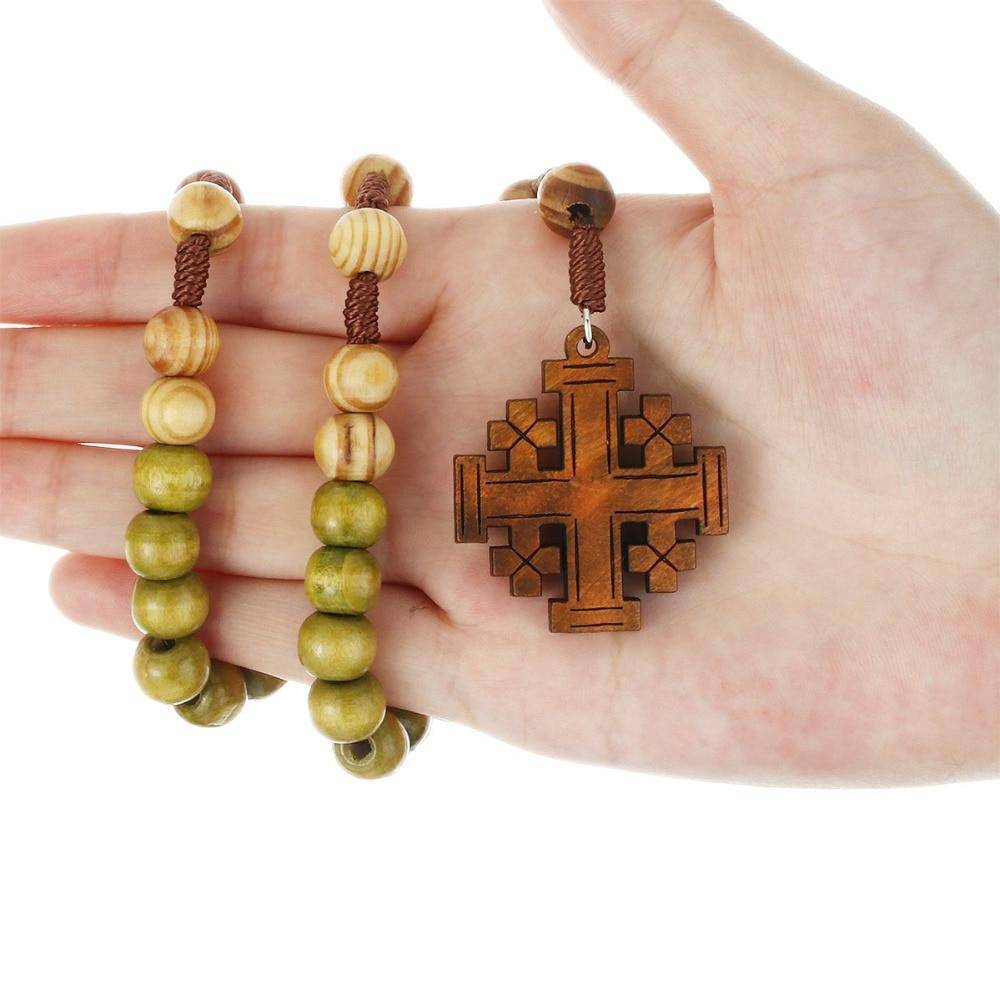 Knights Templar Commandery Necklace - Wooden Rosary Beaded Jerusalem Cross