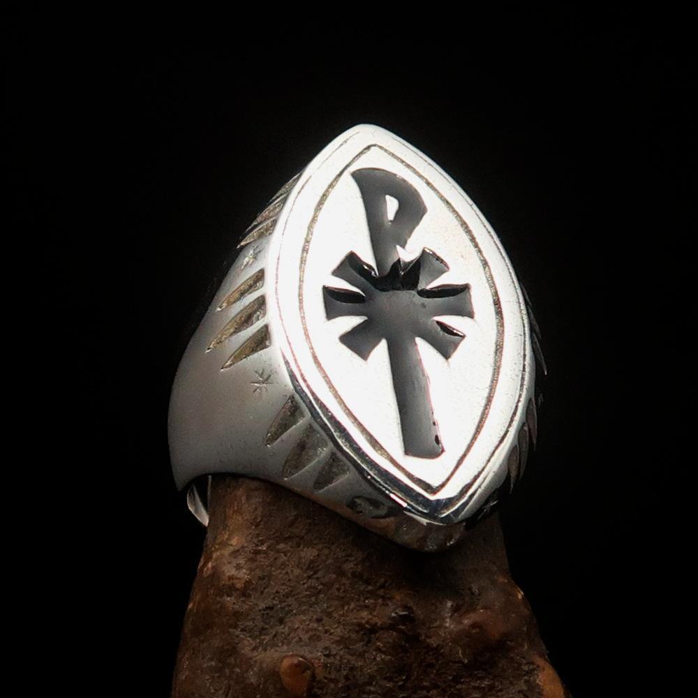 Red Cross Of Constantine Ring - Silver & Black Chi Rho Christogram Sterling Silver - Bricks Masons