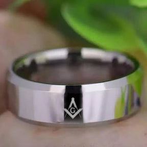 Master Mason Blue Lodge Ring - Silver Beveled Tungsten - Bricks Masons