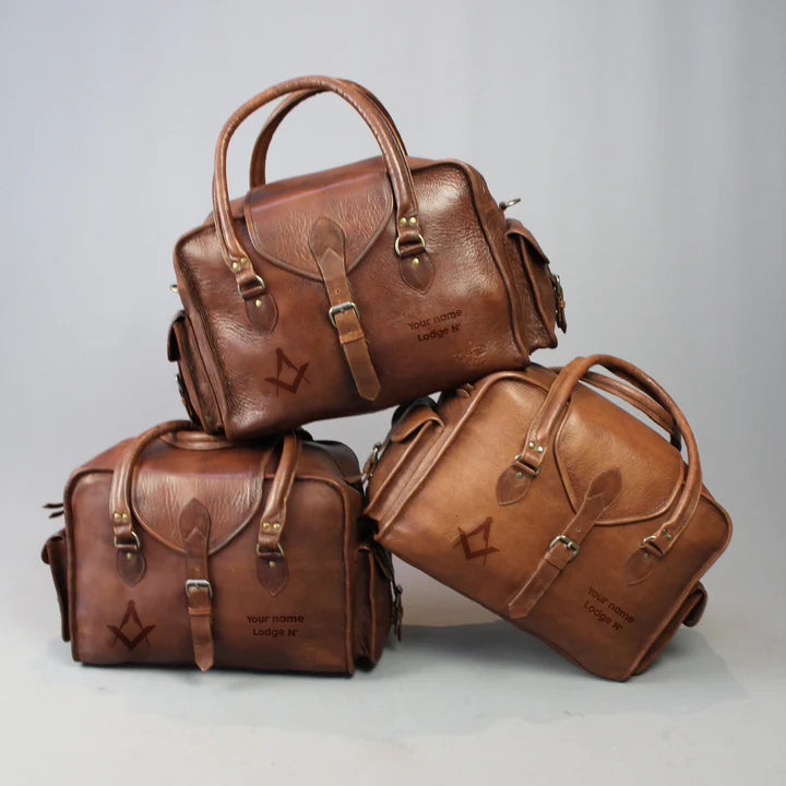 Master Mason Blue Lodge Travel Bag - Vintage Brown Leather - Bricks Masons