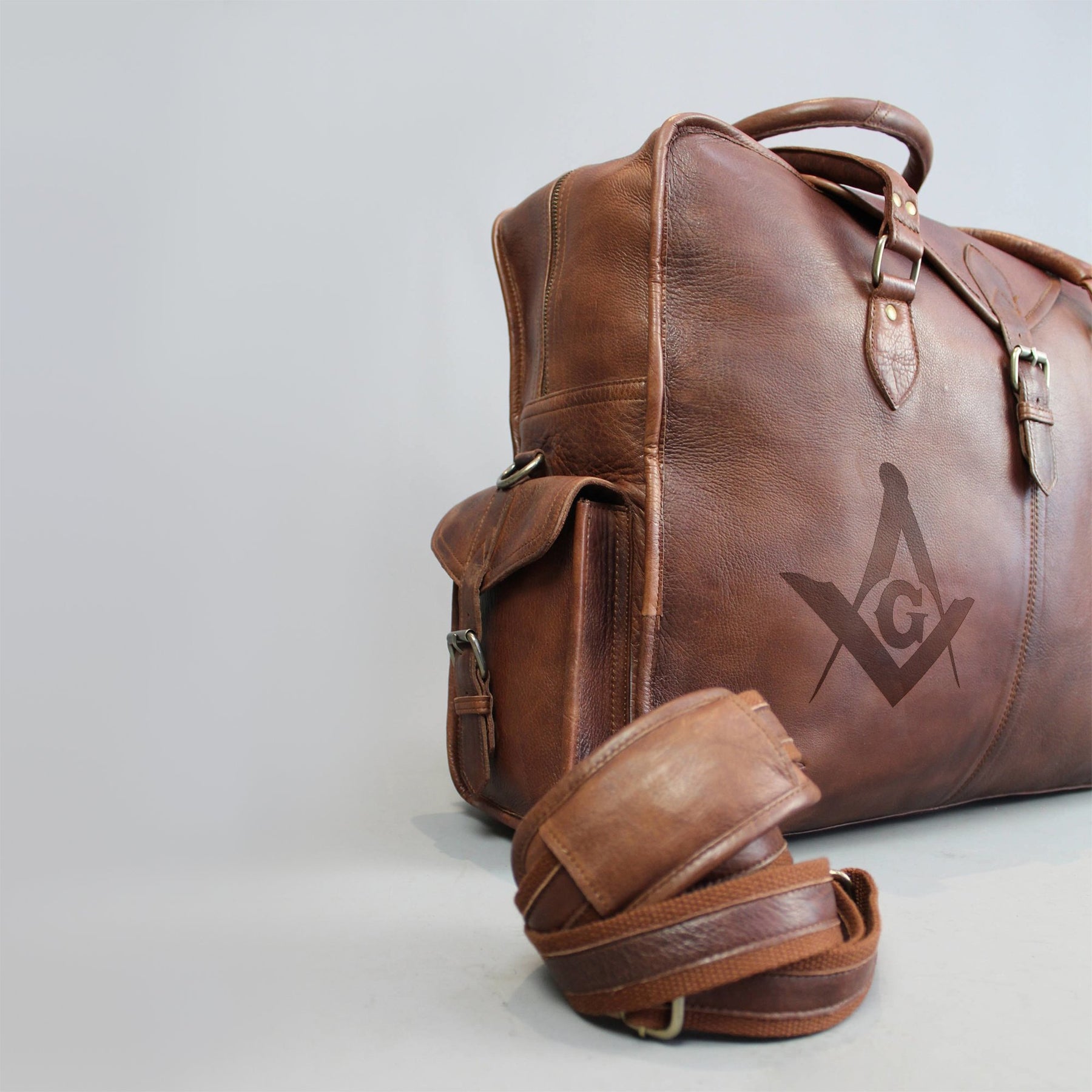 Master Mason Blue Lodge Travel Bag - Genuine Brown Leather - Bricks Masons