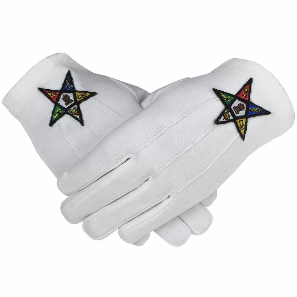 OES Glove - White Cotton Machine Embroidered Emblem - Bricks Masons