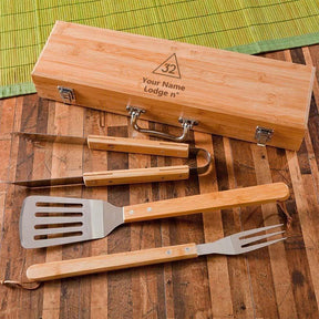 32nd Degree Scottish Rite Grill Tool - BBQ Set & Bamboo Case - Bricks Masons