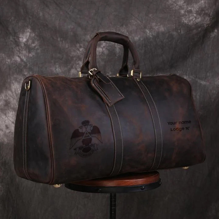 33rd Degree Scottish Rite Travel Bag - Wings Down Genuine Vintage Leather - Bricks Masons