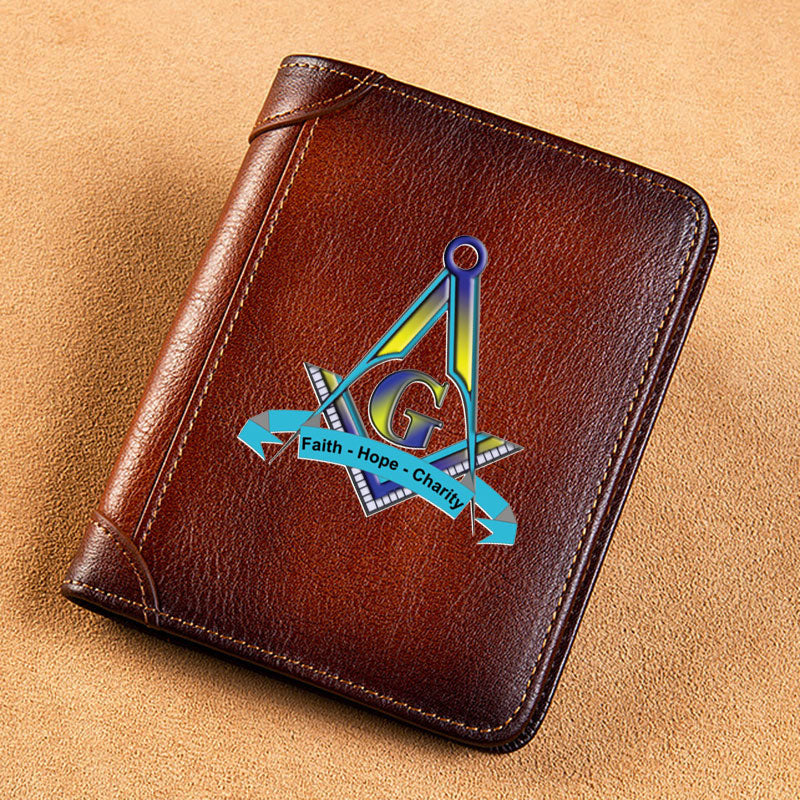 Master Mason Blue Lodge Wallet - GENUINE LEATHER Faith Hope Charity - Bricks Masons