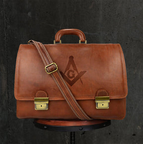 Master Mason Blue Lodge Briefcase - Genuine Brown Leather - Bricks Masons