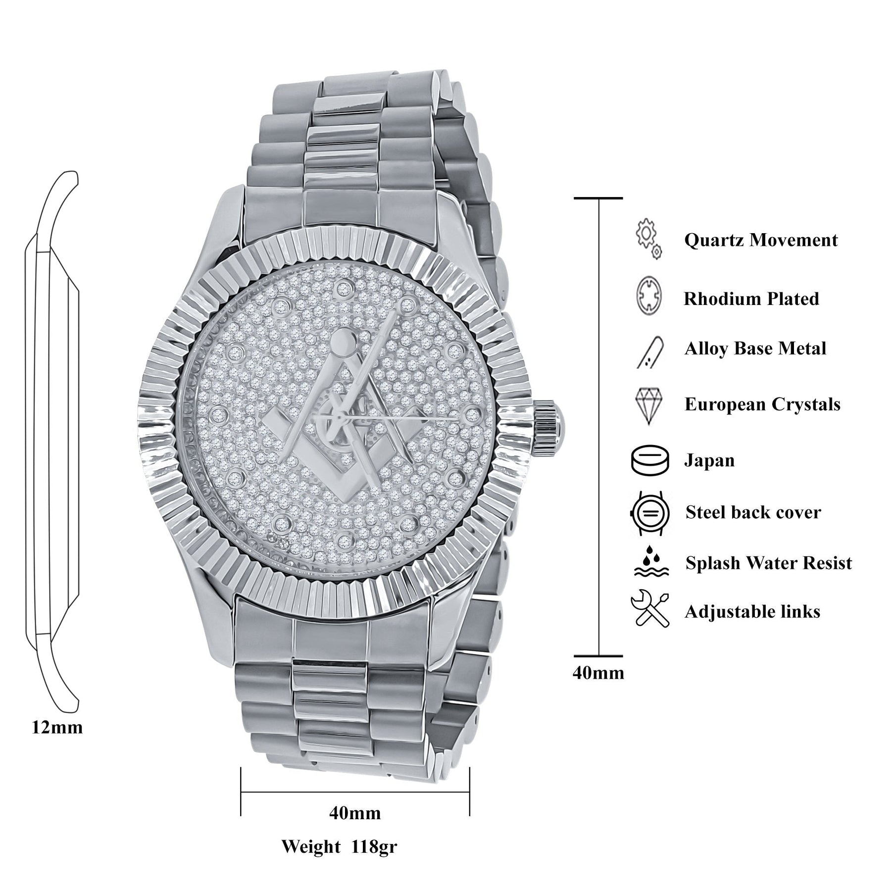 Masonic Iced Out Metallic Watch - Silver - Bricks Masons