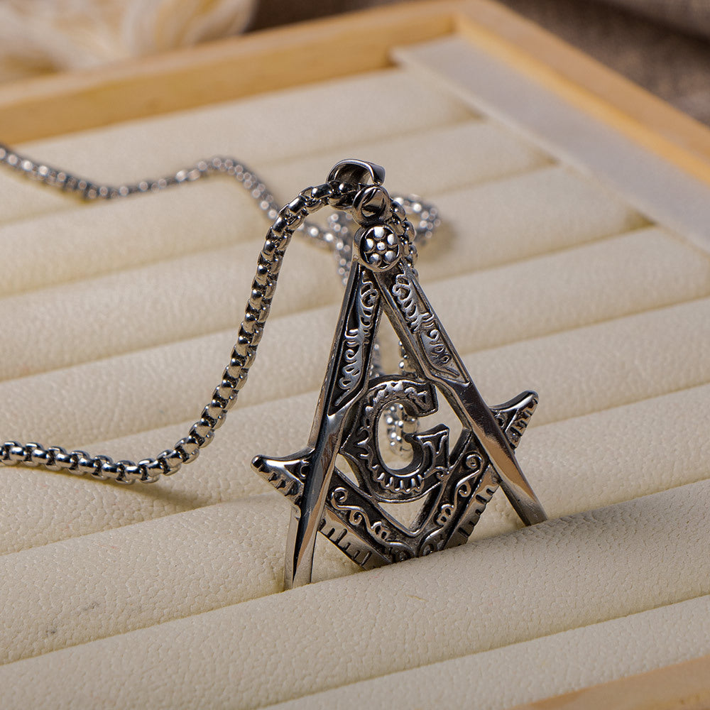 Master Mason Blue Lodge Necklace - Silver Titanium Steel Square & Compass G - Bricks Masons