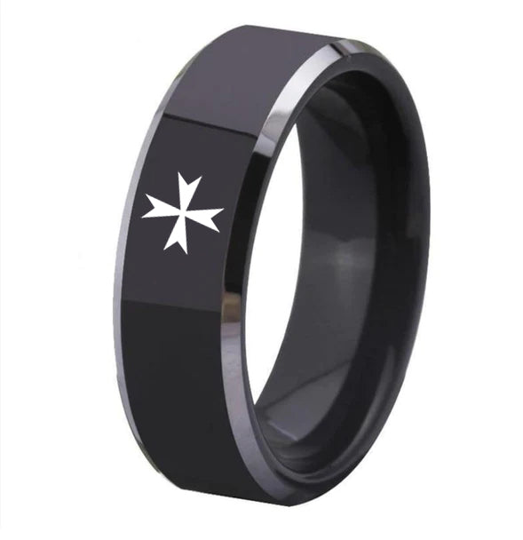 Order of Malta Commandery Ring - Black Tungsten Carbide - Bricks Masons