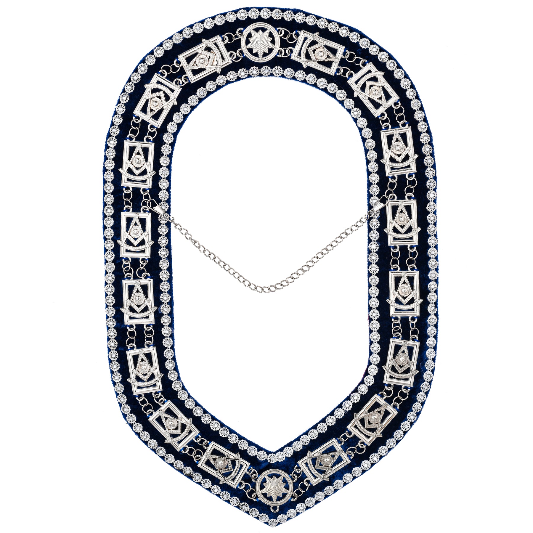 Past Master Blue Lodge Chain Collar - Blue Backing with Silver Rhinestones - Bricks Masons