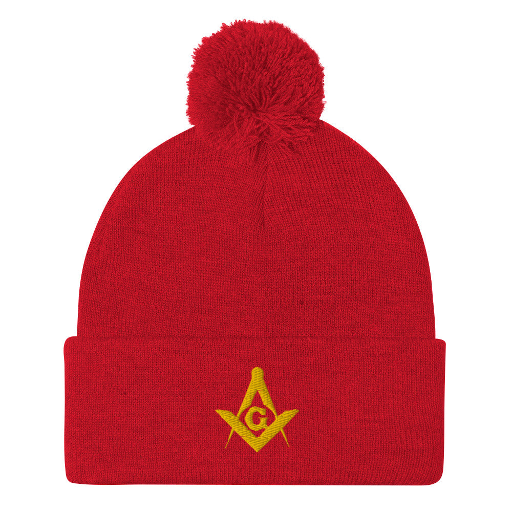 Master Mason Blue Lodge Beanie - Pom Pom in Red for Christmas - Bricks Masons