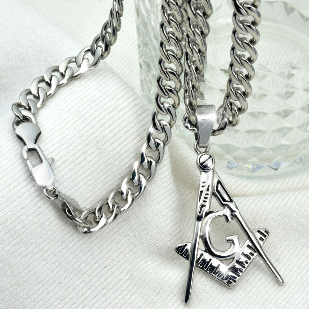 Silver Tone Masonic Stainless Steel Chain Necklace - Bricks Masons