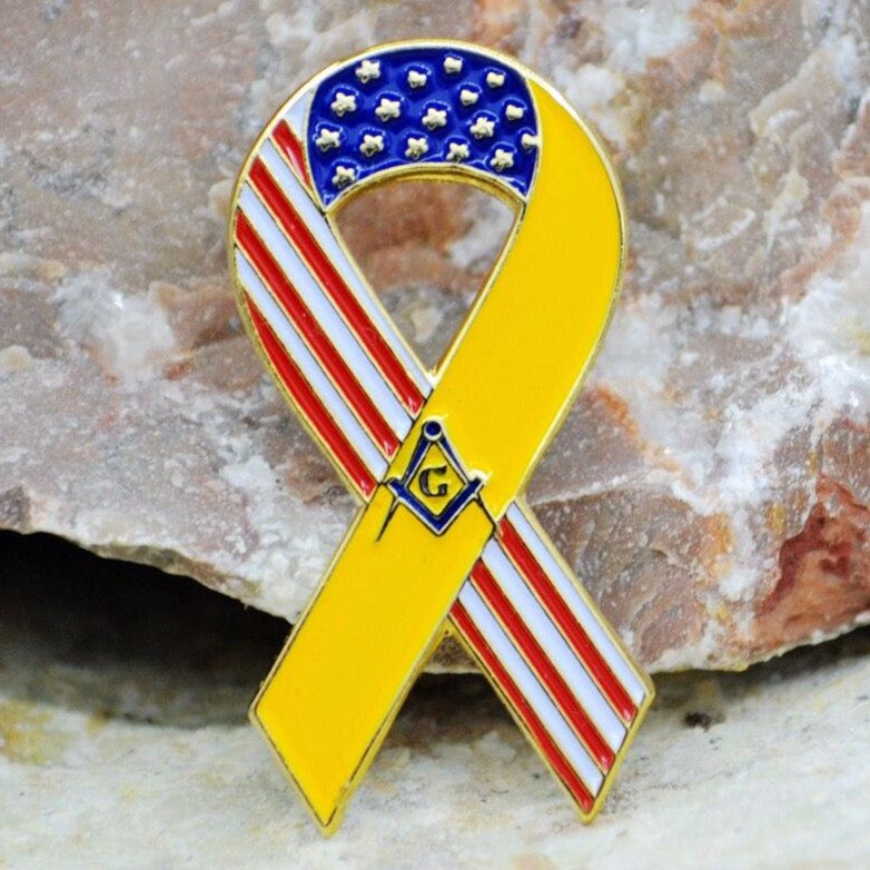 Master Mason Blue Lodge Lapel Pin - Yellow ribbon USA flag - Bricks Masons