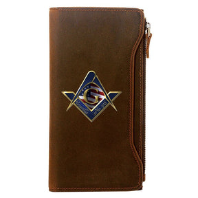Master Mason Blue Lodge Wallet - Genuine Leather Roseville American Flag Brown - Bricks Masons