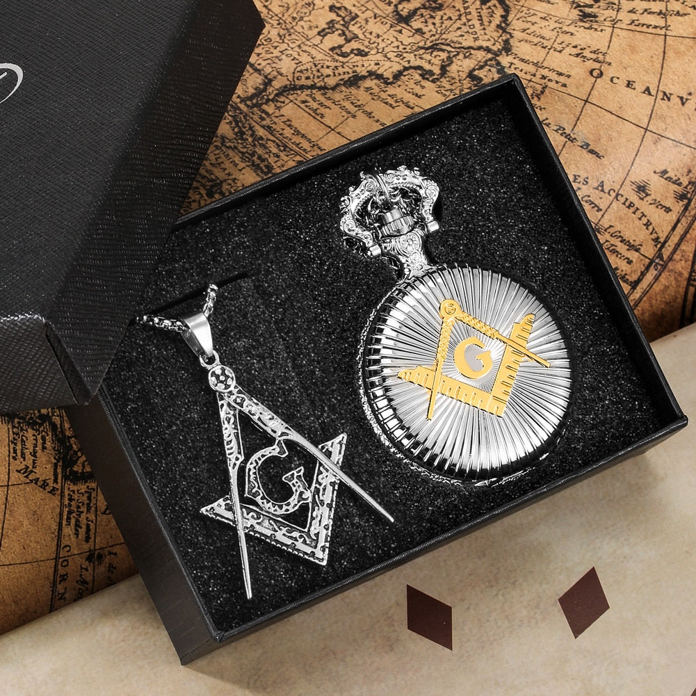 Master Mason Blue Lodge Pocket Watch - Square and Compass G Jewelry Gift Set - Bricks Masons