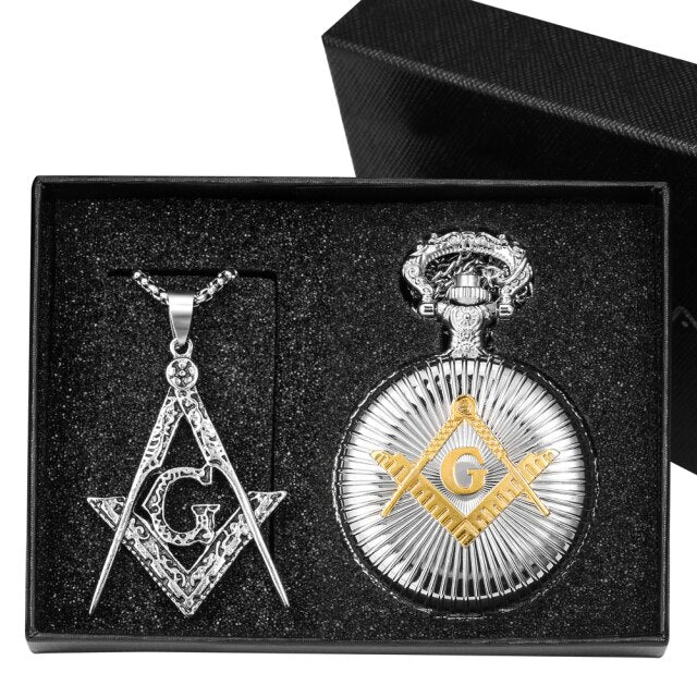Master Mason Blue Lodge Pocket Watch - Square and Compass G Jewelry Gift Set - Bricks Masons