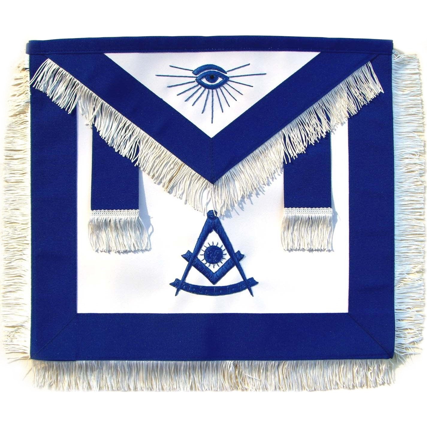Past Master Blue Lodge Apron - Royal Blue with Blue Hand Embroidery & White Fringe - Bricks Masons