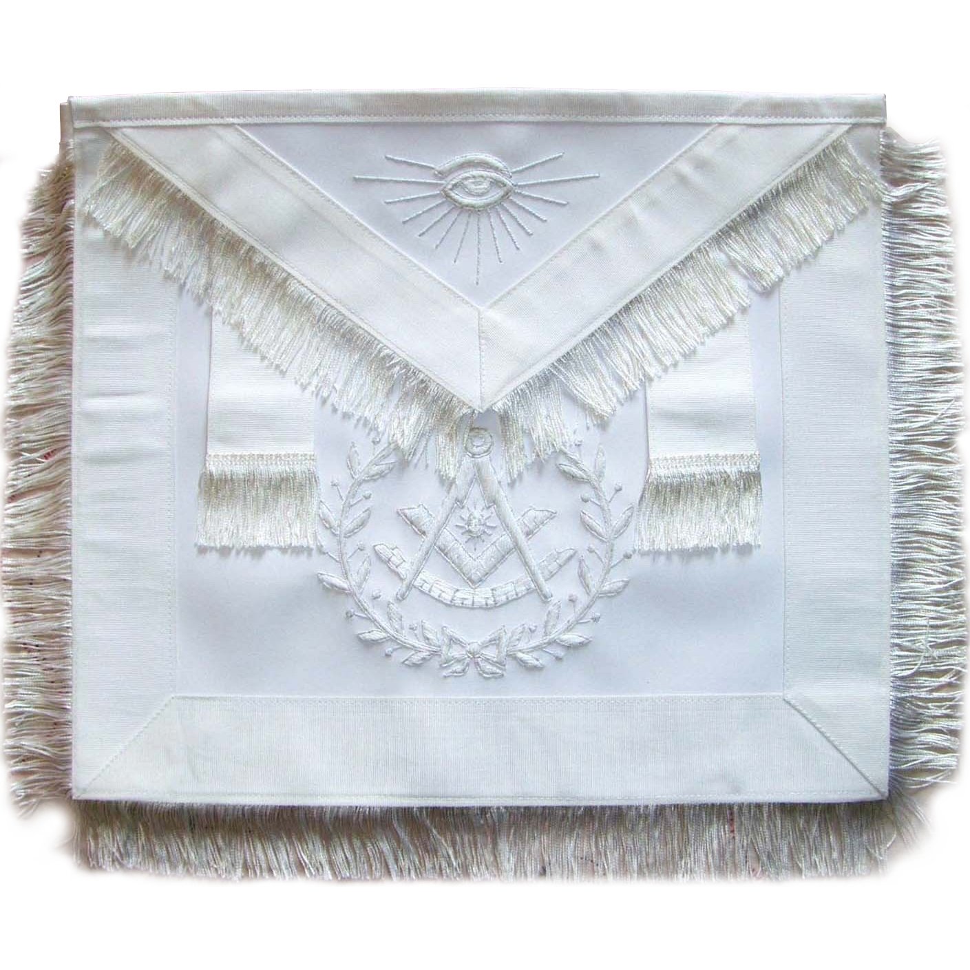 Past Master Blue Lodge Apron - All White with Wreath & Fringe Tassels - Bricks Masons