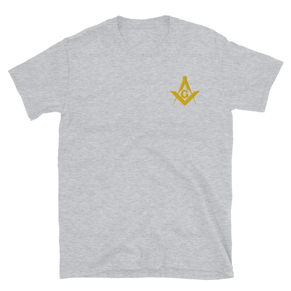 Master Mason Blue Lodge T-Shirt - Golden Embroidery Square & Compass G - Bricks Masons